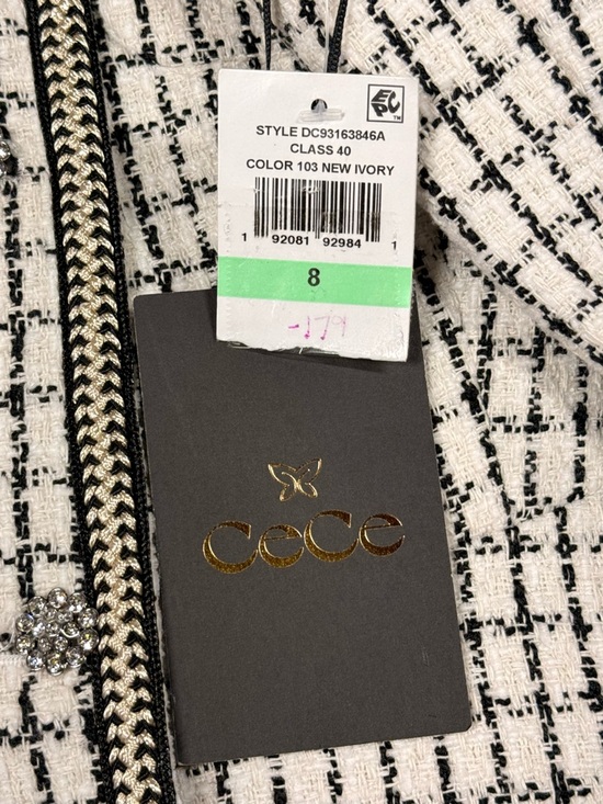 CeCe | Crew Neck Black & White Tweed Fit & Flare Dress Silver Button Down - Picture 11 of 15